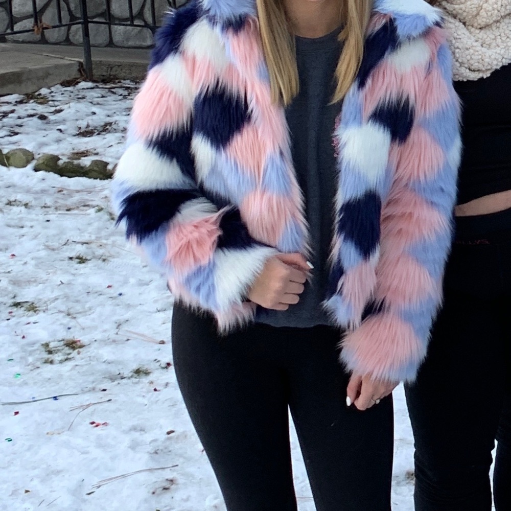 Colorblock faux fur coat!! Perfect for snowglobe!!